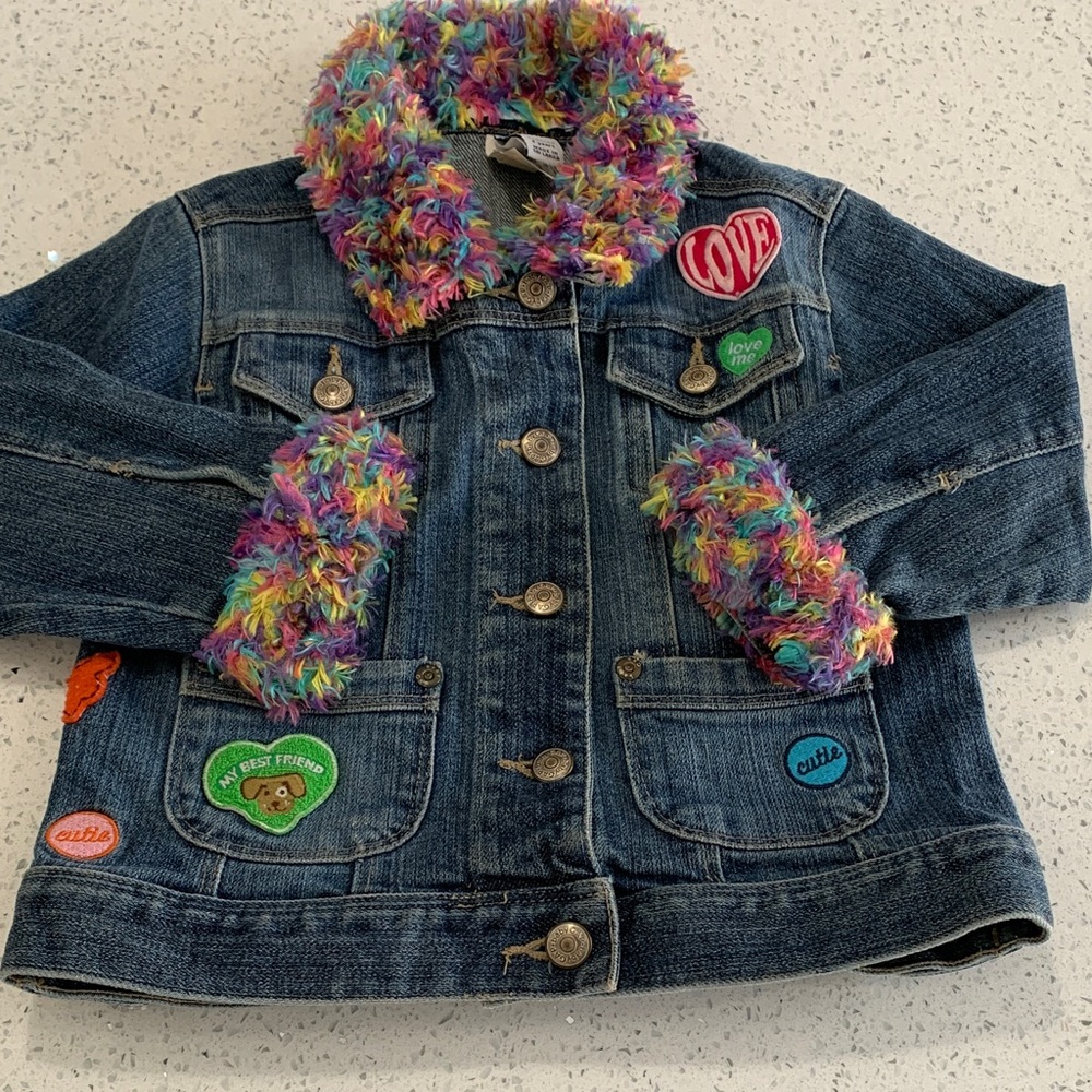 GAP Dark Blue Denim Jacket with Rainbow Fuzzy Trim